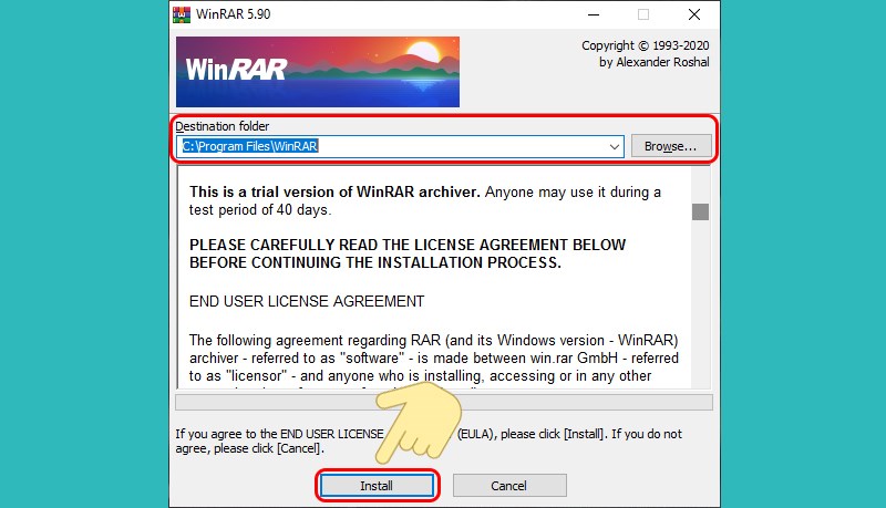 Chọn Install để cài đặt WinRAR
