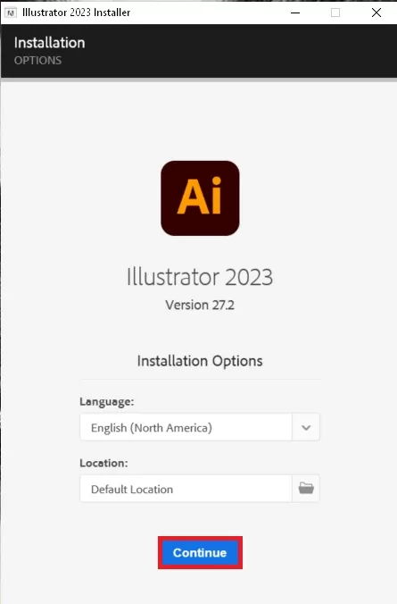Bấm vào Continue để tiếp tục cài đặt Adobe Illustrator CC 2023