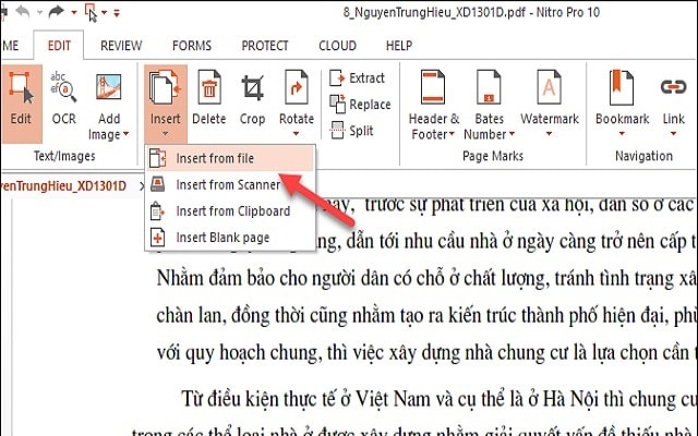 Chọn Insert from file để chèn thêm file PDF khác