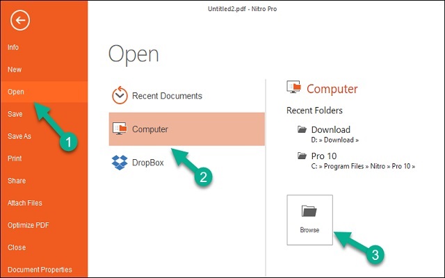 Mở Nitro Pro 13, sau đó chọn Open, Computer và chọn Browse để chỉnh sửa file PDF